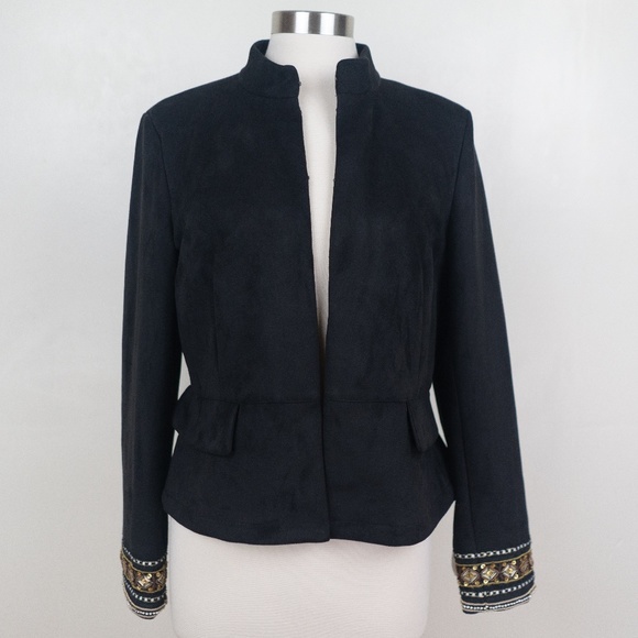 Zara Faux Suede Embroidered Black XL Jacket Blazer - Picture 1 of 8